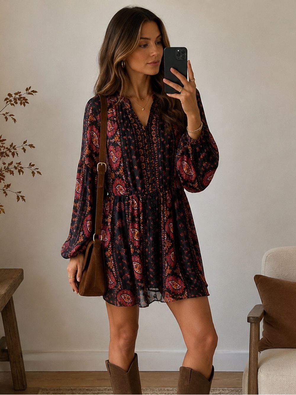 Zara Paisley Boho Mini Dress Size L Black Sheer Balloon Sleeve Button Front